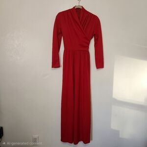 Vtg 70s Union Made Red Crisscross Bodice Maxi Dress Goddess Disco Small XS 55"